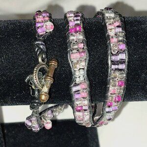 Multicolor 22" Leather bound beaded wrap bracelet with toggle clasp